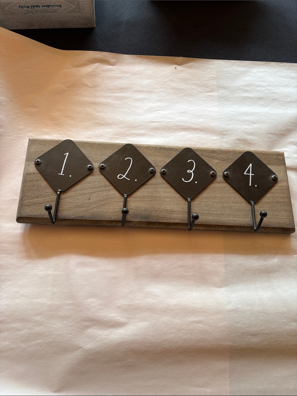 Rae Dunn Wood Wall Hook Rack with Black Numbered Plates 1-4